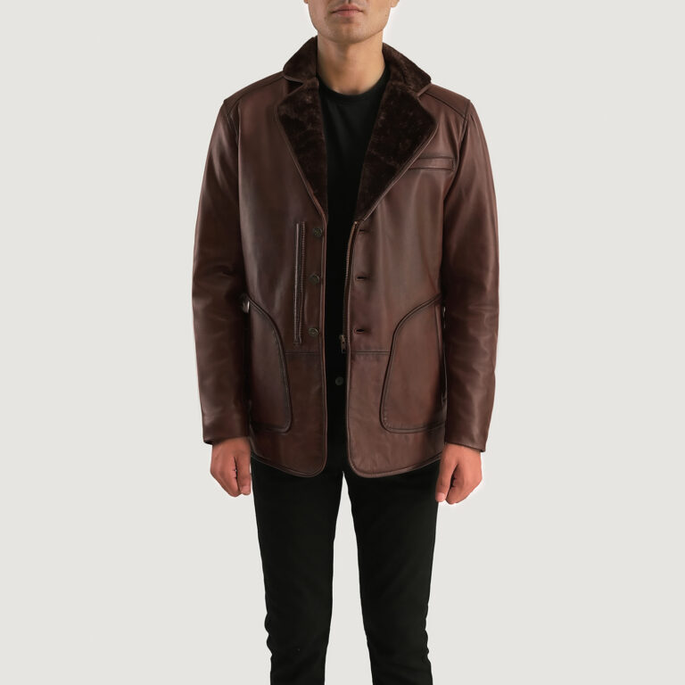 Mens Rocky Brown Fur Leather Coat Open Front-4-1701086851839